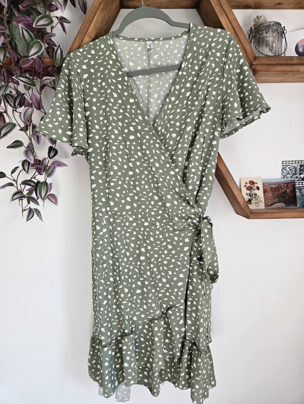 Olive Green Wrap Dress with White Dot Print